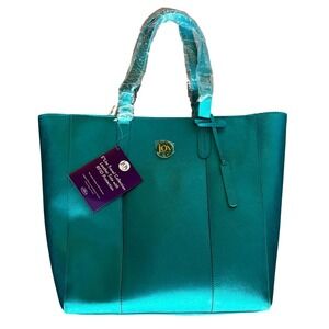 Joy Mangano Elite Travel Collection Leather Tote with RFID Protection Turquoise